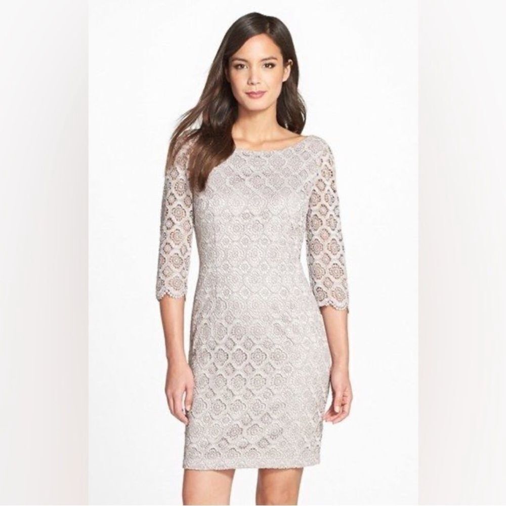 Vince Camuto V-Back Metallic Lace Sheath Dress